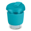 A drink bottle with a teal silicone sleeve and lid, featuring a clear borosilicate glass body. It has a logo.