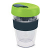 A drink bottle with a clear body, navy band, and a green lid, featuring a logo. Holds 330ml.
