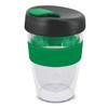 A drink bottle with a transparent body, a black lid, and a green band. It has a 330ml capacity.