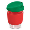 A drink bottle featuring a clear borosilicate body with a red silicone band and a green lid.