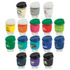 A collection of reusable coffee cups in various colours, featuring different logos and a borosilicate construction.