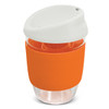 A drink bottle featuring a transparent borosilicate body with an orange silicone sleeve and a white lid.