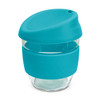 A drink bottle made of borosilicate glass, featuring a teal silicone lid and band. It has a sleek design.