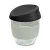 A drink bottle made of clear borosilicate glass with a black lid and grey silicone sleeve. Features a logo.