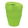 A drink bottle in vibrant green with a lid, featuring a sleek design and a logo. Ideal for on-the-go use.
