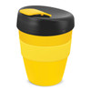 A drink bottle with a black lid and yellow body, featuring a silicone band and a logo.