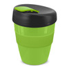 A drink bottle featuring a bright green body and black lid, with a logo on its side.