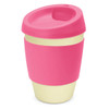 A drink bottle featuring a pink lid and grip, with a cream-coloured base and a logo on it.