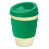 A drink bottle featuring a green lid and sleeve with a light beige body, complete with a logo.