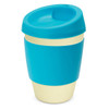 A drink bottle with a turquoise lid and sleeve, featuring a beige base and a logo.