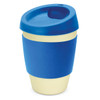 A drink bottle featuring a blue lid and a blue silicone sleeve, with a cream-coloured body and a logo.