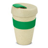A drink bottle in natural tones with a green silicone band and lid, designed for hot or cold beverages.