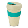 A drink bottle featuring a speckled natural finish with a teal silicone grip and lid. It has a sleek cup design.