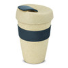 A drink bottle in pale cream with a dark blue silicone band and a lid, featuring a sleek, modern design.