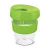 A drink bottle featuring a clear body with a bright green lid and silicone sleeve. It has a logo on the surface.
