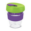 A drink bottle featuring a transparent body with a purple band and a green lid. It has a logo on the side.
