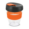 A drink bottle featuring a clear body, black lid, and an orange silicone band. It includes a logo.