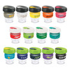 A range of colourful drink bottles with various lid designs and branding on each, featuring transparent bodies.