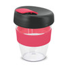 A drink bottle with a clear body, black lid, and pink silicone band. It has a logo on the side.