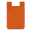 An orange silicone phone wallet with a curved top design and a slot for cards. It features a logo.