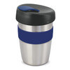 A drink bottle featuring a stainless steel body with a navy silicone band and a black lid. It has a logo.