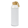 A drink bottle in a white sleeve with a bamboo lid and a rope handle, showcasing a sleek glass design.