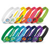 A collection of silicone wristbands in various colours, featuring logos and designs, displayed in an organised arrangement.
