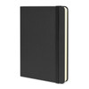 A black hard cover notebook with a yellow interior and an elastic band closure. It features a logo on the cover.