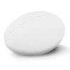 A white rugby league ball with a smooth surface and stitching detail, featuring a logo.