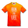 A vibrant orange and yellow performance V-neck T-shirt with a logo and bold text design.