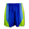 Custom men's sports shorts in blue and bright green, featuring a logo and striped design.