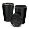 A black coffee cup set featuring a curved design, a removable lid, and a matching base. It includes two cups.