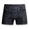Black women's volleyball shorts featuring a textured, patterned design and a logo. Ideal for sports uniforms.