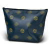 A medium cosmetic bag in dark blue with a gold pattern, featuring a zip closure and an interior compartment.