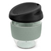 A drink bottle featuring a clear body with a grey silicone sleeve and a black lid. It has a logo on the side.