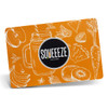 An orange full colour place mat featuring illustrations of fruit, vegetables, and a drink jar, with a logo.