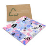 A RPET microfibre cleaning cloth in a colourful design featuring pink, purple, and black patterns, packaged in a brown box with a logo.