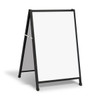 A black A-frame sign with a large white insertable panel for displaying promotional content.