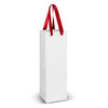 A tall, white paper bag with red ribbon handles, designed for holding a drink bottle.