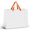 An extra large white paper bag with orange ribbon handles and a plain design.