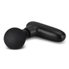 A compact handheld massager in black, featuring a round applicator and an ergonomic handle. It has a simple design and includes a logo.