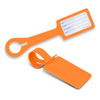 An orange silicone luggage tag set including a loop and a removable identification card section.