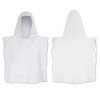 A white hooded towel with a pouch design. Features a hood and a soft texture. Includes branding on the material.