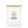 A medium glass candle with a white frosted finish and a bamboo lid, featuring a logo.