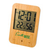 A digital weather station with a bamboo frame displaying time, temperature, and humidity readings, featuring a logo.