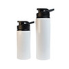 A drink bottle set featuring a white finish and a black free flow lid, includes two sizes. One bottle is larger than the other.