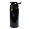 A drink bottle in black with a free flow lid and a design featuring a logo and motivational text.