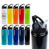 A drink bottle collection in various colours including white, yellow, green, orange, blue, and black, featuring a flip straw lid.