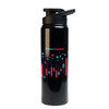 A drink bottle in black with a free flow lid and a colorful design featuring geometric shapes.