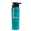 A drink bottle in teal with a black free flow lid and a logo on the side, featuring a dotted design.